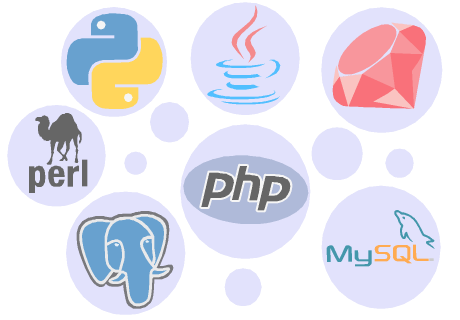 PHP, Java, Ruby, Python, Perl, MySQL, PostgreSQL